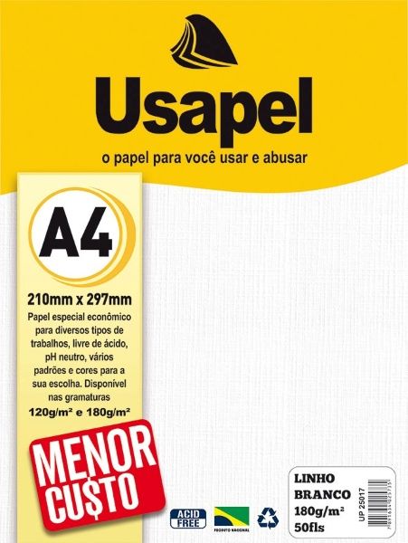 Papel Linho A4 180g 50F Ref.25017 Branco